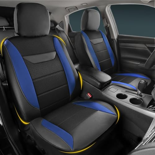 kingphenix 2 Pack Front Leather Car Seat Covers with Memory Foam | Breathable 4D Mesh Seat Protectors, Quick and Easy to Install, Airbag-Compatible for Cars, SUVs, Pickups and Vans, Blue