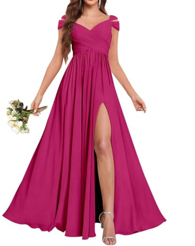 Vestidos de dama de honor de gasa para mujer, vestidos de cóctel con abertura, vestidos largos de graduación, talla grande, fucsia, 46