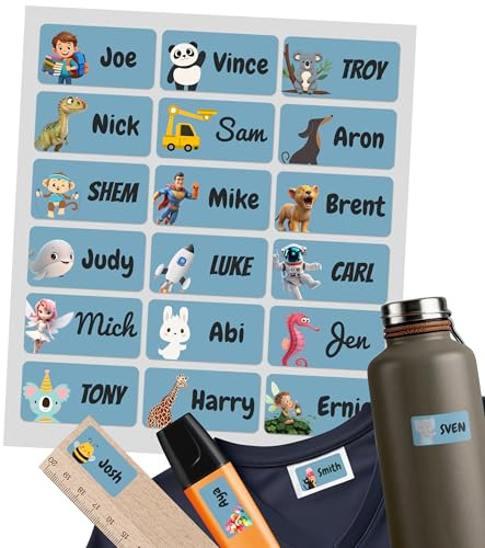Set mit 50 Stück, Blau – Personalisierte Namensaufkleber für Kinder – Wasserdichte & Waschmaschinenfeste Etiketten für Kleidung & Gegenstände – Ideal für Schule, Kindergarten & Kita
