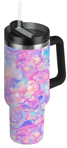 Amooorous Botella de agua aislada al vacío con diseño de estrellas de burbujas de dibujos animados coloridos con tapa y popote, taza de café decorativa para el hogar, la oficina o el coche, vasos
