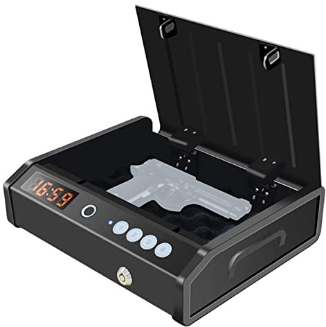 Gun Safe with Time Display, Weapon Biometric Fingerprint Lock Safe Box, Quick-Access Pistol Safe Firearm Safety Device with Fingerprint Lock or Key Pad, for Car, Home, Travel