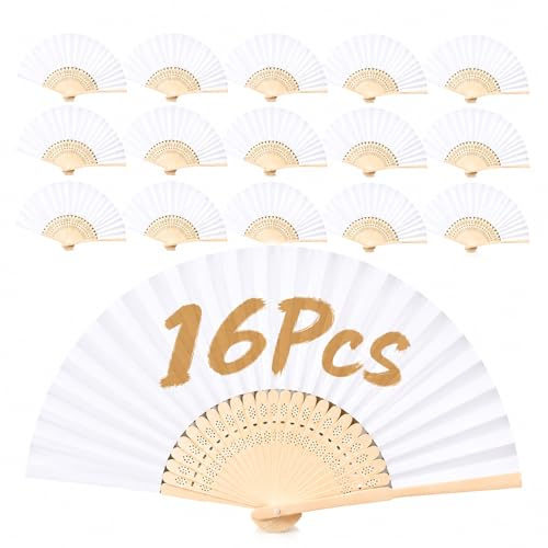 16 Pack White Folding Hand Fans, Bamboo Paper Handheld Fans for Wedding Guests, DIY Craft Folding Fan for Party Favors, Bridal Shower, Summer Events & Home Decoration