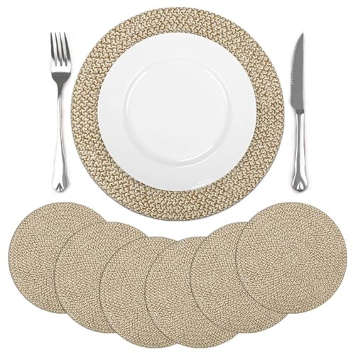 comfoyar Tischsets Rund Geflochten 6er Set, rutschfeste Papier Gewebte Platzsets, Hitzebeständige Platzdeckchen für Innen, Küche, Fest, Hochzeit, Esszimmer Dekoration (Braun Weiß, 38cm)