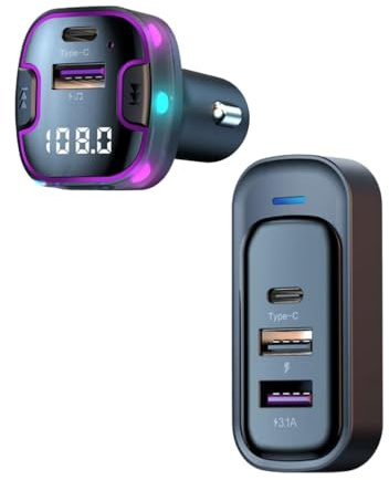 Trasmettitore FM Bluetooth Auto, Dispositivo BT Auto Accendisigari, 2 Type C + 3 USB, Collegare Telefono alla Macchina, Ricarica Fast, Adattatore Radio per Autoradio, Vivavoce, Retroilluminato