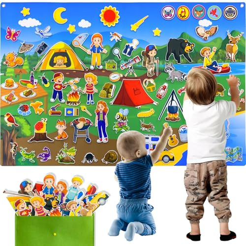 PENGFULL Camping Theme Felt Story Board Set,44 * 28in Flannel Board for Wall,65 Felt Pieces,Theme Story Preschool Storytelling,Learning Interactive,for 3 Years +,Gift for Toddlers Kids Children