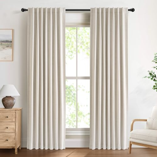 DEFYNEE 100% Verdunkelungsvorhänge mit verdeckten Schlaufen, Leinen-Optik, 2er-Set Blickdichte Vorhänge Stangendurchzug für Schlafzimmer oder Wohnzimmer – H225 x B140 cm, Creme