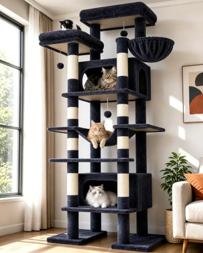 Globlazer F83B Kratzbaum XXL 213 cm für Groß Katzen Luxus Katzenbaum Stabil | Extra großer, Über 2 Meter katzenbaum mit 2 Große Katzenhaus, Plattforms, Hängematte, für 3-5 mehrere große Katzen Maine Coon