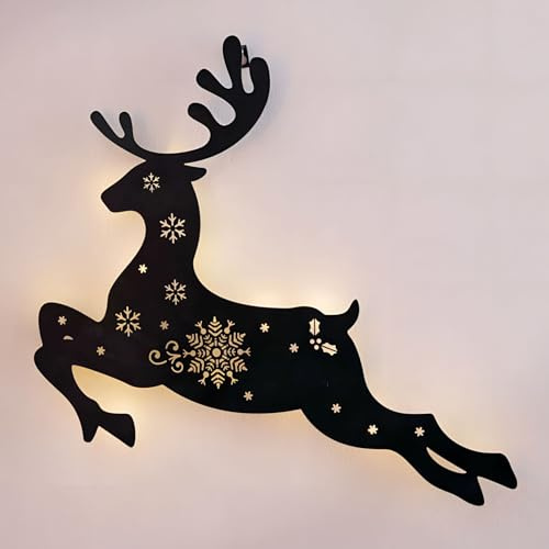 Dekoleidenschaft Wanddeko Rentier mit LED Beleuchtung aus Metall, schwarz, 52x44 cm, Weihnachtsdeko, Wandbild, Metalldeko, Wandschmuck