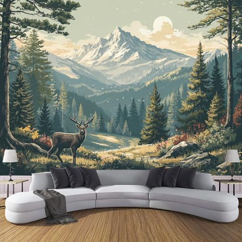 DLERFLOVR Papier Peint Panoramique Animaux De La Forêt Papier Peint en Soie Style Rétro Revêtement Mural pour Salon, Adulte Chambre d'enfants, Restaurant Décoration 450x315cm, Vert