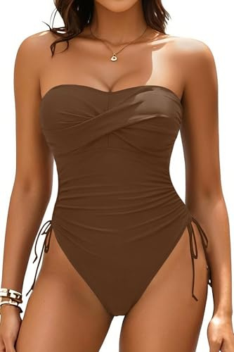 Yonique Tummy Control One Piece Swimsuit - Strapless Bandeau Bathing Suits for Women 2025 Cheeky High Cut Swimwear Brown Large