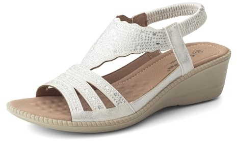 Cushion Walk Women's Ladies Extra Wide EEE Fit Diamanté Sandals, Sparkle Rhinestone Comfortable Low Wedge Slingbacks with Cushioned Insole, Elasticated Strap Dressy Glamorous Evening Summer Shoes