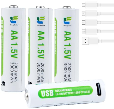 AA Akku Aufladbare Lithium AA Batterien 2000mAh 1.5V 3000mWh USB C Wiederaufladbare Batterien AA mit 4-in-1 USB-C Ladekabel, 4 Stück
