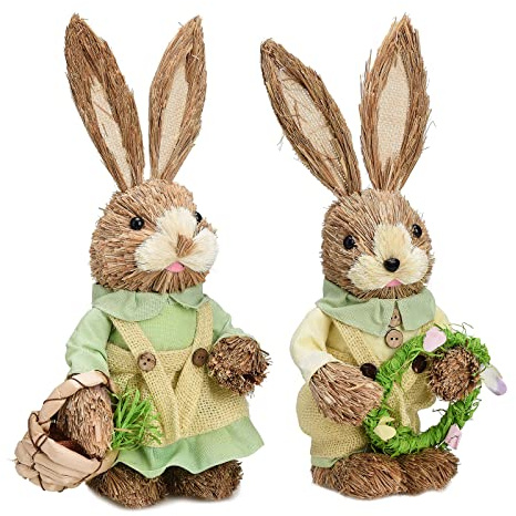 Ghzste Set di 2 decorazioni pasquali, 33 cm, statuette di coniglio, piano tavolo, decorazione primaverile, coppia di coniglietti di paglia per casa, tavolo, ufficio, , fattoria