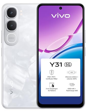 vivo Y31 5G, Smartphone con 6 GB + 6 GB de RAM Ampliable y 256 GB, batería de 6500 mAh, IP68 e IP69, amplificación de Volumen al 400%, cámara de 50 MP, Pantalla LCD de 6,72, móvil Android 15, Blanca