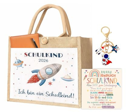 PIujsym Weltraum Jutetasche Einschulung Geschenk Set für Jungen & Mädchen, Geschenktüte Einschulung mit Rakete Schlüsselanhänger, Geschenk Einschulung Jungen, Schulanfang Jungen Schulkind 2026