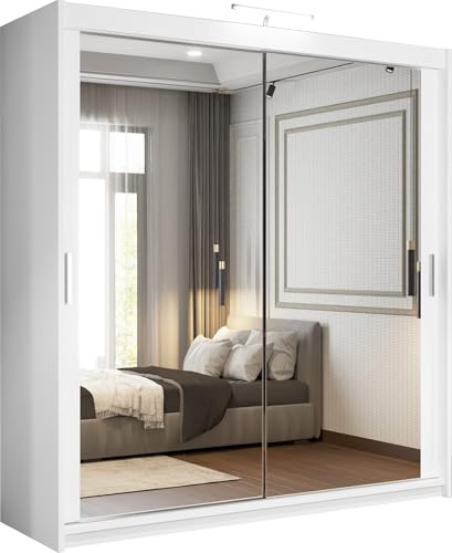 SLIDING WARDROBE 4U Double Mirrored Sliding Door Wardrobe with LED Light, Freestanding Bedroom Wardrobe, Customizable Interior, 90/100/120/150/180/203/250cm, MDF Chipboard (White, 90cm)