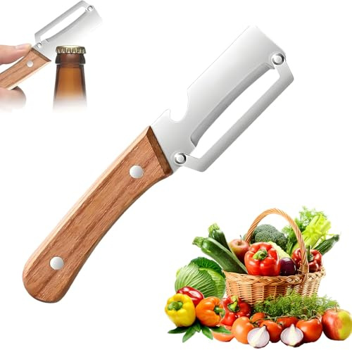Stainless Steel Vegetable Peeler with Wooden Handle,2-in-1 Multifunctional Tool with Bottle Opener,Ergonomic Potato Peeler & Fruit Slicer, Sharp Blade for Carrot, Apple, Easy Grip Kitchen Tool (1pc)