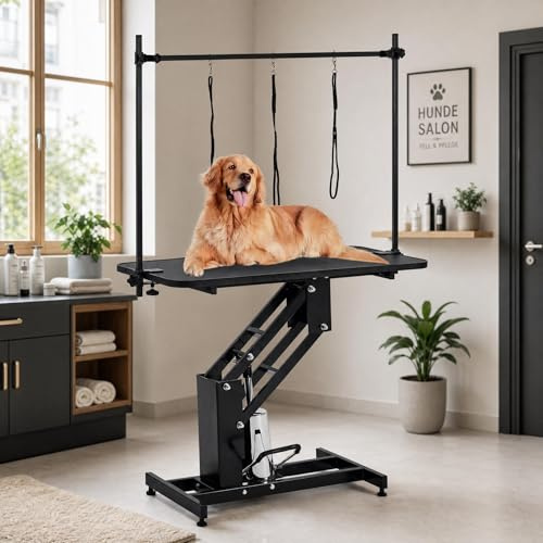 GarveeMore Hydraulischer Hundefrisiertisch 110 cm, Trimmtisch für große Hunde bis 158 kg, Z-Lift Hundepflegetisch höhenverstellbar (56-98 cm) mit Doppel-Galgen & Rutschfester Arbeitsfläche, Schwarz