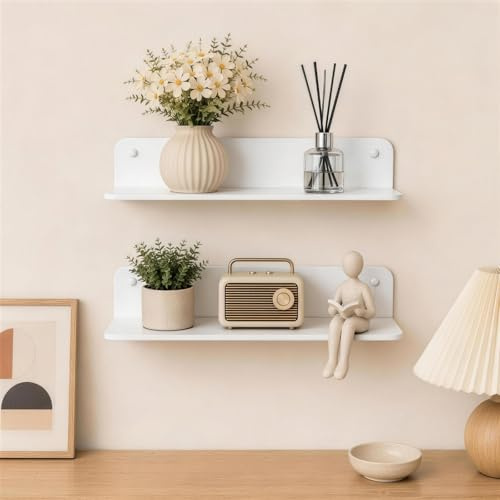 LIULINY 2 Piezas 23cm Baldas Pared Sin Agujeros Blanca con Orificios Cables | Estantería de Pared, Estanteria Sin Taladro Acrílico, Cocina repisas de pared dormitorio para Baño, Salón, Dormitorio