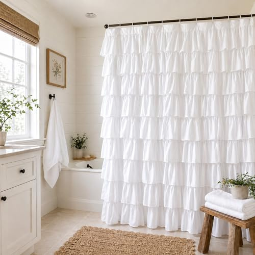 WestWeir White Ruffle Shower Curtain - Farmhouse Cloth Bathroom 72 x 72 Inches Texture Fashion, Double Layer Fabric, not See Through.