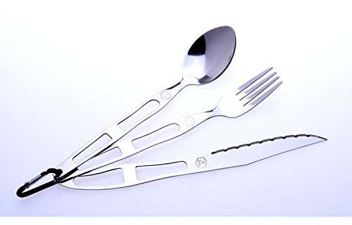 LAGUIOLE - 2 Sets de 3 Couverts de Voyage Reliés avec Un Mousqueton : Une Fourchette, Un Couteau à Lame Crantée, Une Cuillère - Idéal pour Le Pique-Nique