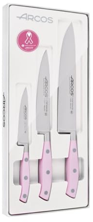 Arcos Küchenmesser-Set Geschmiedet Professionell - 3 Küchenmesser zum Schneiden und Schälen von Lebensmitteln - Ergonomischer Griff aus Polyoxymethylen - Rosa, Serie Riviera | 3 geschmiedete Küchenmesser zum Schneiden und Schälen. Ergonomischer Griff aus Polyoxymethylen, Rosa.