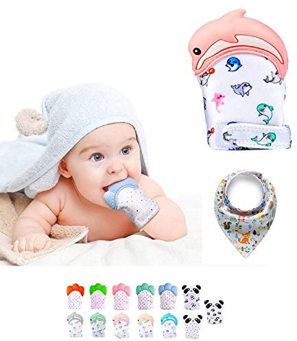 Funky Planet Beißhandschuh für Babys ab 0 Jahren - Beißhandschuh Baby Teething Toy - Raschelnder Zahnhandschuh für Zahnungshilfe aus Lebensmittelechtem Silikon + Bandana-Lätzchen mit Clip