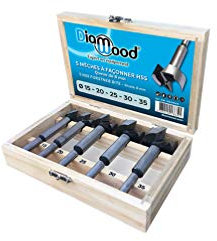 DIAMWOOD - Coffret de 5 Mèches à Façonner HSS pour Bois Diamètres 15/20/25/30/35 mm | Forets Fraises Acier pour Faire des Trous Propres à Fond Plat Dans Le Bois |Queue cylindrique de 8 mm de Diamètre