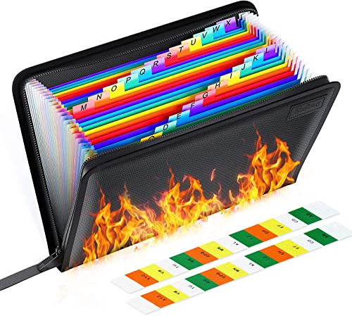 ThinkTex Feuerfeste Dokumentenmappe 24 Fächern, A4 Ordner Wasserfest Dokumententasche, Fächermappe mit Reißverschluss, Akten-Organizer, Tragbare Aktentasche für wichtige Dokumente, Akte
