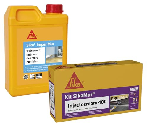 Kit anti-humidité : Sika Injectocream 100, traitement contre les remontées capillaires pour 5m linéaire + Sika Imper Mur, Résine pour traitement des murs humides - anti-salpêtre - anti-moisissures 2L