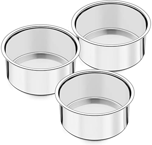 Joyfair 4 Inch Cake Tin for Baking, Stainless Steel Round Layer Cake Mould Pan Set of 3, Mini Bakeware for Toaster, Birthday/Christmas, Mirror Finish, Healthy & Durable, Dishwasher Safe, 10cm
