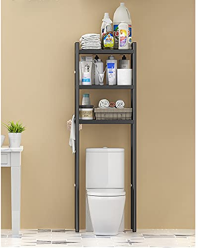 WPT Toilettenregal 3 Ebenen, Edelstahl WC Regal Über die Toilette 50cm breit, Freistehendes Waschmaschinenregal mit Haken, Hohe Beanspruchung Toiletten Regal, Platzsparend, Industrieller Stil, Schwarz