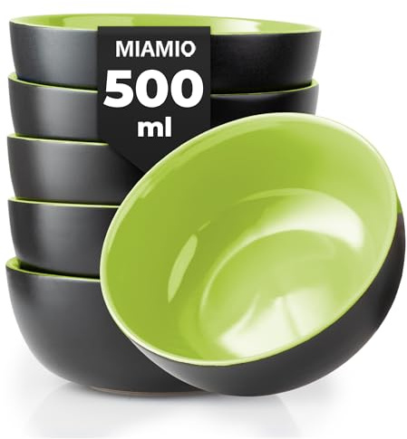 MIAMIO - 6 x 500ml Set di Ciotole/Coppe Esterno Nero Interno Colorato - Le Papillon Collezione (verde)
