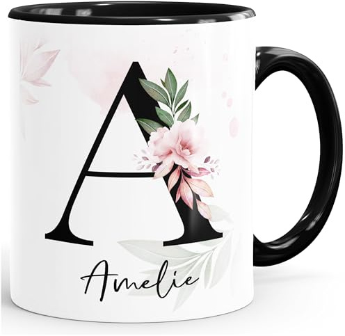 SpecialMe® Kaffee-Tasse mit Buchstabe Monogramm personalisiert mit Namen Initiale Blumen-Motiv persönliche Geschenke Inner-schwarz Keramik-Tasse