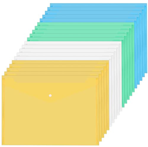 20 Pcs Dokumententasche A4 zum Abheften, Wasserdichte PP Dokumentenmappen A4 mit Druckknopf, Transparente Sichttasche Umschlagordner Dateiordner für Sekretariat Schule (Transparent+Blau+Grün+Gelb)