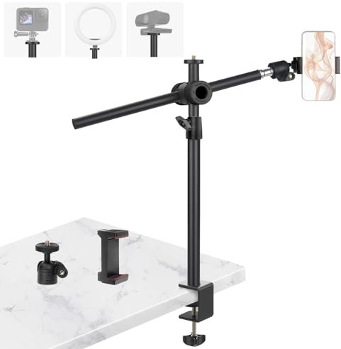 Overhead Camera Mount Desk Stand with Magic Arm, Webcam Stand with 360° Adjustable Extension Arm, Ball Head, Phone Holder, Tabletop C Clamp Light Stand for Ring Light, DSLR, SmartPhone, Live Streaming