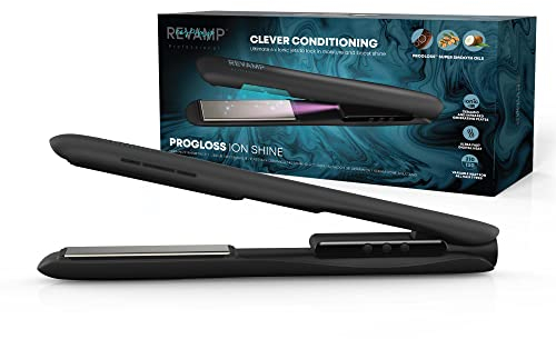 REVAMP Piastra per capelli Progloss Ion Shine in ceramica, con tecnologia agli ioni anti-crespo e oli leviganti Progloss di cheratina, argan e cocco, impostazioni di calore variabili, finitura nera