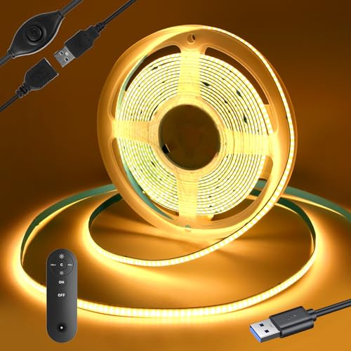 Yamlten LED strip 1m 5V COB LED Streifen mit RF Fernbedienung,3000k Warmweiss,320 LEDs/M Dimmbar LED Strip,LED Band für TV Hintergrundbeleuchtung,Computer,Schrank,Schlafzimmer.