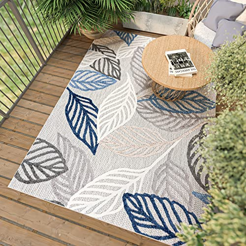 Mazovia Groß In-& Outdoor Teppich Balkon 160x230cm Anthrazit Blau Kurzflor | In-& Outdoor Teppich für Wohnzimmer Schlafzimmer Terrasse Büro Florales Muster Wetterfest Pflegeleicht UV-Beständig Robust