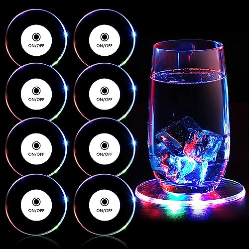 mizikuu 8 Stück Bunt LED Untersetzer, ON/Off Taste Getränke Untersetzer Set Leuchtende Untersetzer Acryl Rund wasserdichte Leuchtuntersetzer für Gläser Flaschen Partys Hochzeiten Bar Weihnachten
