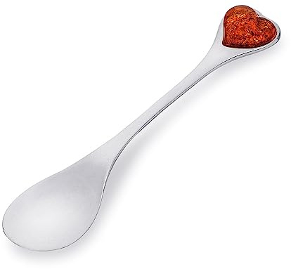 AMBEDORA Löffel Größe M, Sterling Silber Poliert Baltischer Bernstein Herz Medium Silberlöffel mit Bernstein Herz, Geschenk für Taufe Hochzeitstag Geburtstag Jubiläum