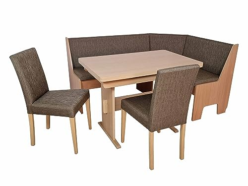 wonido Moderne Truhen-Eckbankgruppe, braun, Buche Natur Dekor, viel Stauraum, mit Wangentisch; Eckbank, 2 Stühle und ausziehbarer Esstisch; variabel aufbaubar