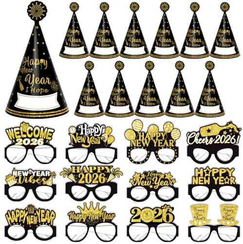 HOWAF Silvester Deko 2026 Party Set, 24 Stück Partyhüte Silvester Hüte 2026 Kopfschmuck silvester Brille 2026 Brille Foto Requisiten für Happy New Year 2026 Deko Silvesterdeko Neujahr, Schwarz Gold