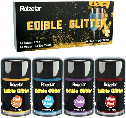 Roizefar Essbarer Glitzer – 4 Farben x 4 g, Lebensmittelfarbe für Getränke, Lebensmittelglitzer für Cocktails, Kuchen, Sahne, Muffins, Pralinen