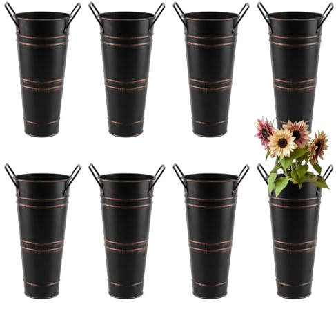 DAKFOOK 8 Pack 11 x 23cm Metal Galvanized Flower Vases, Black Farmhouse French Buckets with Handles, Rustic Flower Buckets for Wedding Table Centerpiece Decorations, Home Decor, Flower Arrangement