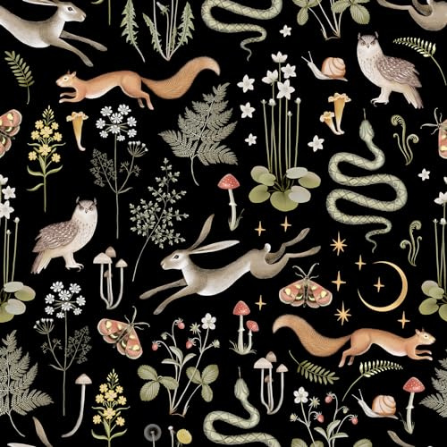 SOEWIOU Schwarze Tier-Tapete, 44,5 x 300 cm, dick, abziehen und aufkleben, entfernbare Tapete mit Eichhörnchen-, Eulen-, Schlangen-, Kaninchenmustern für Heimdekoration