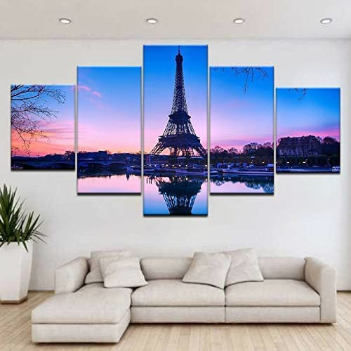 5 Teilig Leinwandbilder Kunstdrucke Gemälde 5 Teilig Leinwand Eiffelturm-Paris-Sonnenuntergang (Mit Rahmen 200 X 100 Cm) Leinwand Wohnzimmer Dekoration Modular Gedruckte Leinwanddrucke Kreatives Gesc