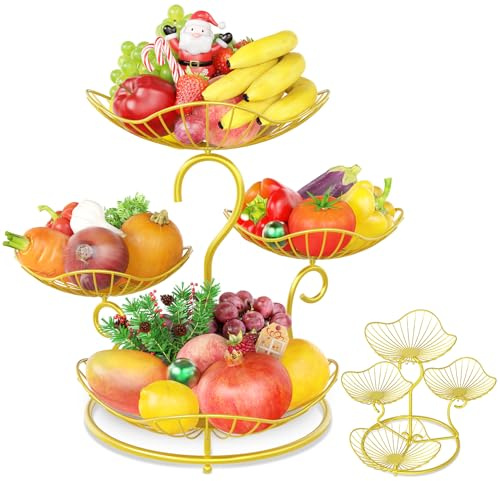 PouHenier.jh 4 Etagere Große Obstschale Gemüsekorb für Küchenarbeitsplatte | Gestufter Metall Obsthalter und Gemüsekorb, Modern Verstellbares und Stabiles Obstkorb für Obst Aufbewahrung ,Gold