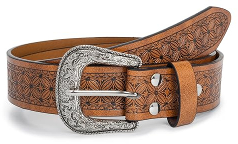 CaySep Verstellbarer Vintage-Westerngürtel für Damen und Herren, graviert, Metallschnalle, Cowboy-Cowgirl-Gürtel für Taille von 78 bis 96 cm, braun, 115cm/Fit for Waist 71cm-98cm
