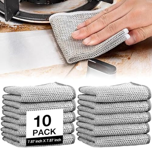 TiGilt Panni per la pulizia dei fili – 10 pezzi stracci antigraffio per una facile pulizia multiuso panni per lavare i piatti a umido e a secco, strofinacci in filo metallico per macchie ostinate